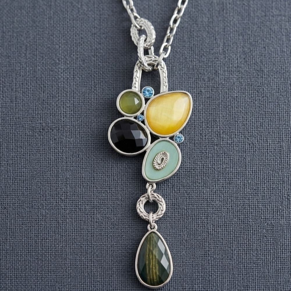 Lia Sophia Azure Retired Statement Necklace Multi-Stone Teardrop Silver‎ Tone